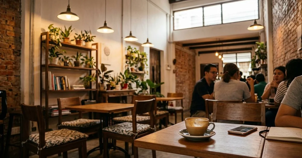 Cosy hidden gem cafe interior in Petaling Jaya with warm lighting, indoor plants, and comfortable seating