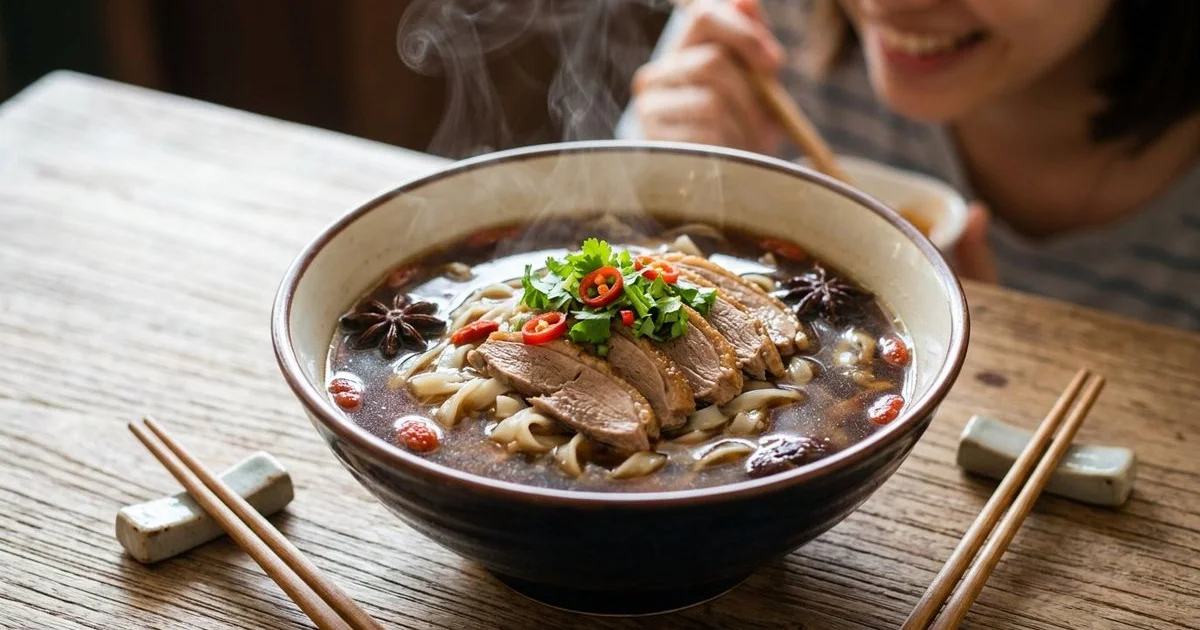 Steaming bowl of braised duck flat white noodles with rich dark broth and fresh herb garnish