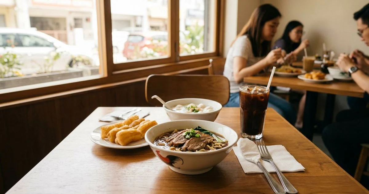 Weekend brunch spread at Soooka Cafe featuring cakoi, noodles, porridge, and cold brew kopi on a wooden table