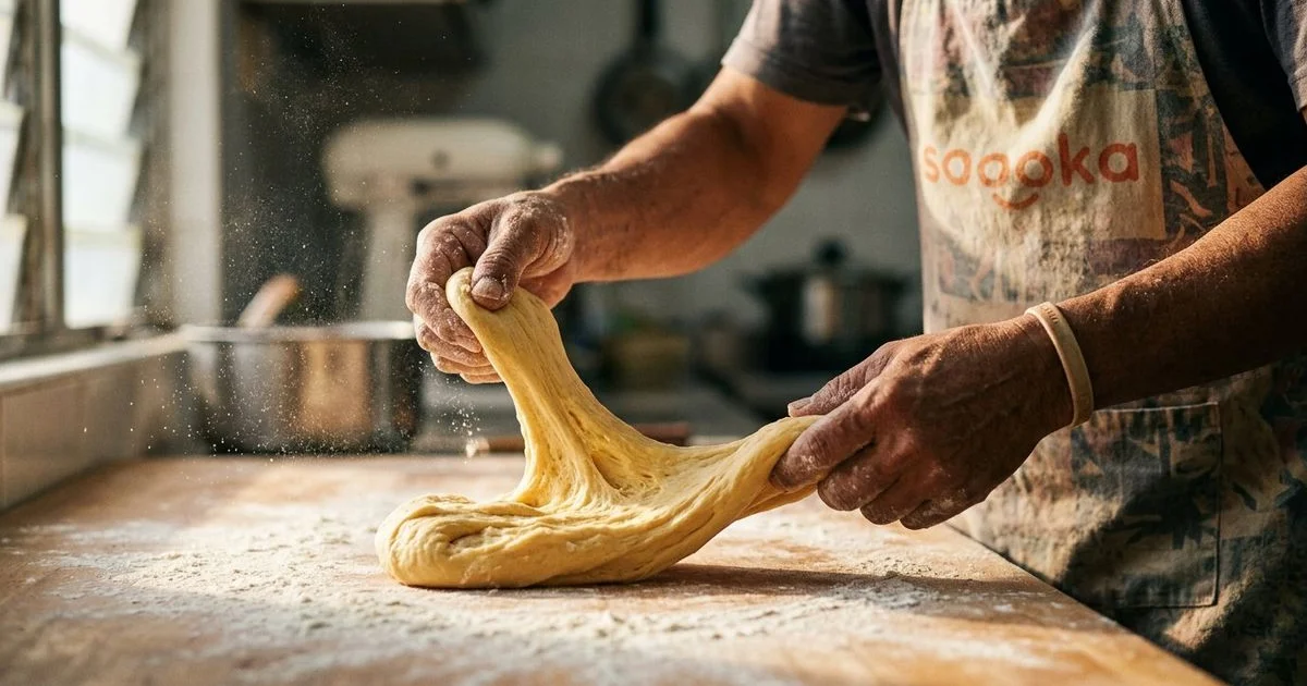 Artisan hands carefully kneading cakoi dough on a flour-dusted wooden table in warm morning light