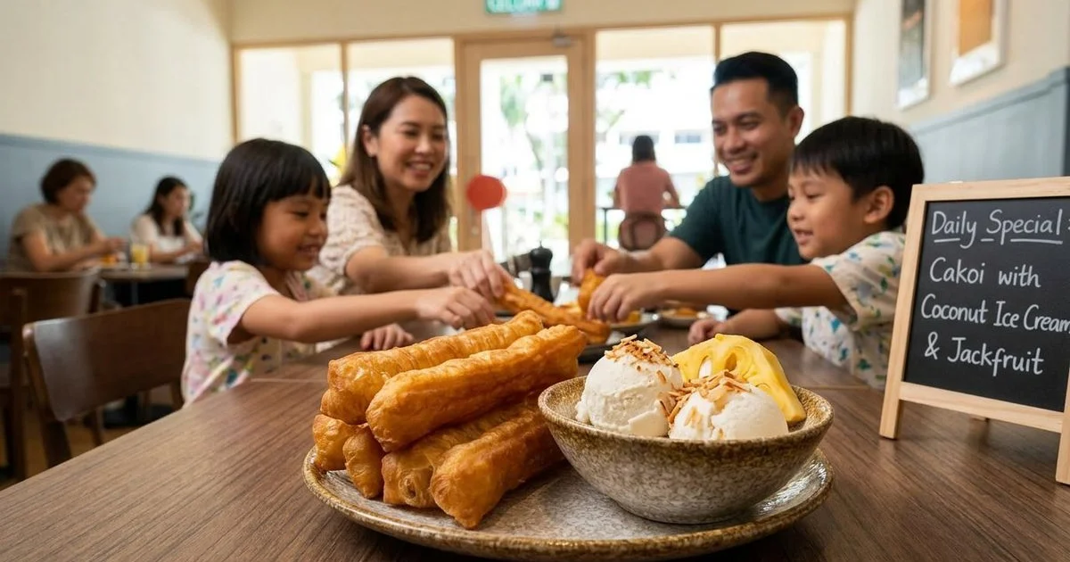 Golden crispy cakoi pieces served alongside scoops of coconut ice cream and fresh jackfruit slices on a ceramic plate