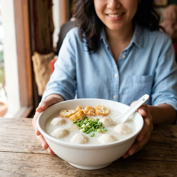 Handmade fish ball porridge at Soooka Cafe