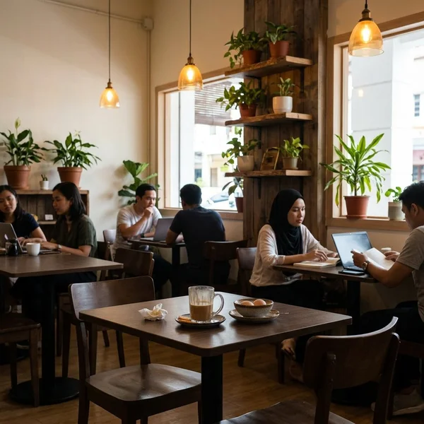 Cosy interior of Soooka Cafe with warm lighting