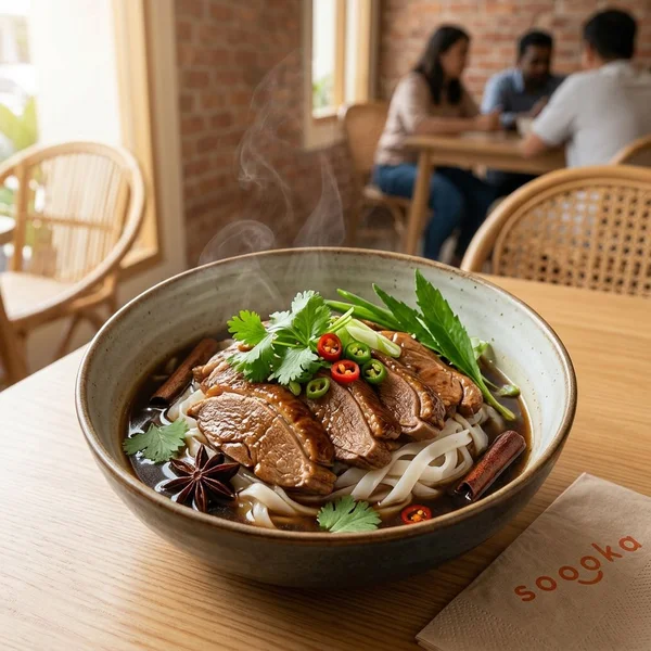 Braised duck flat white noodles served at Soooka Cafe
